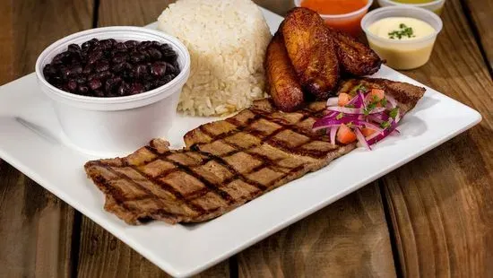 6. 1/2 lb grilled steak with rice, beans, plantains and soda