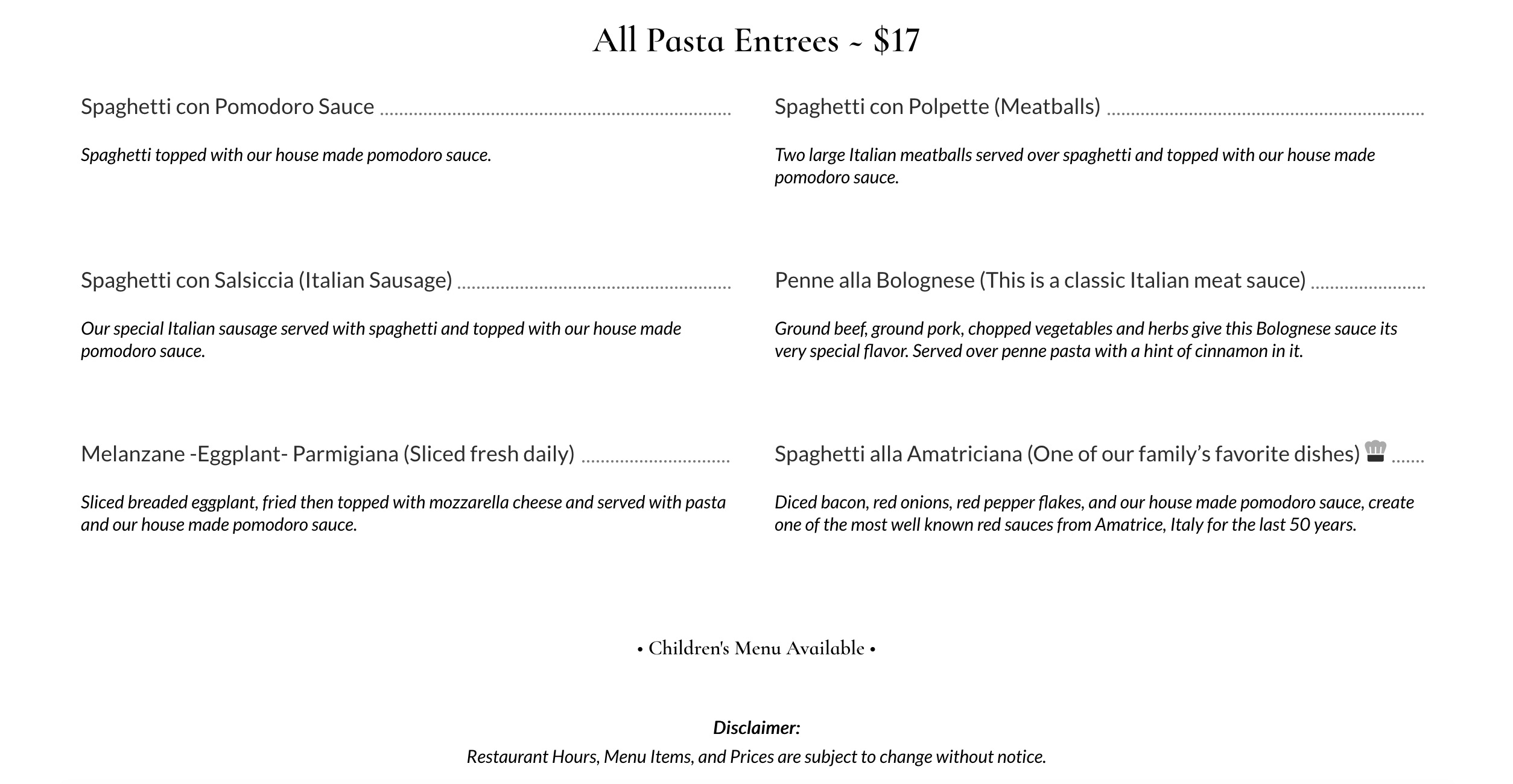 Monday Night Pasta Menu