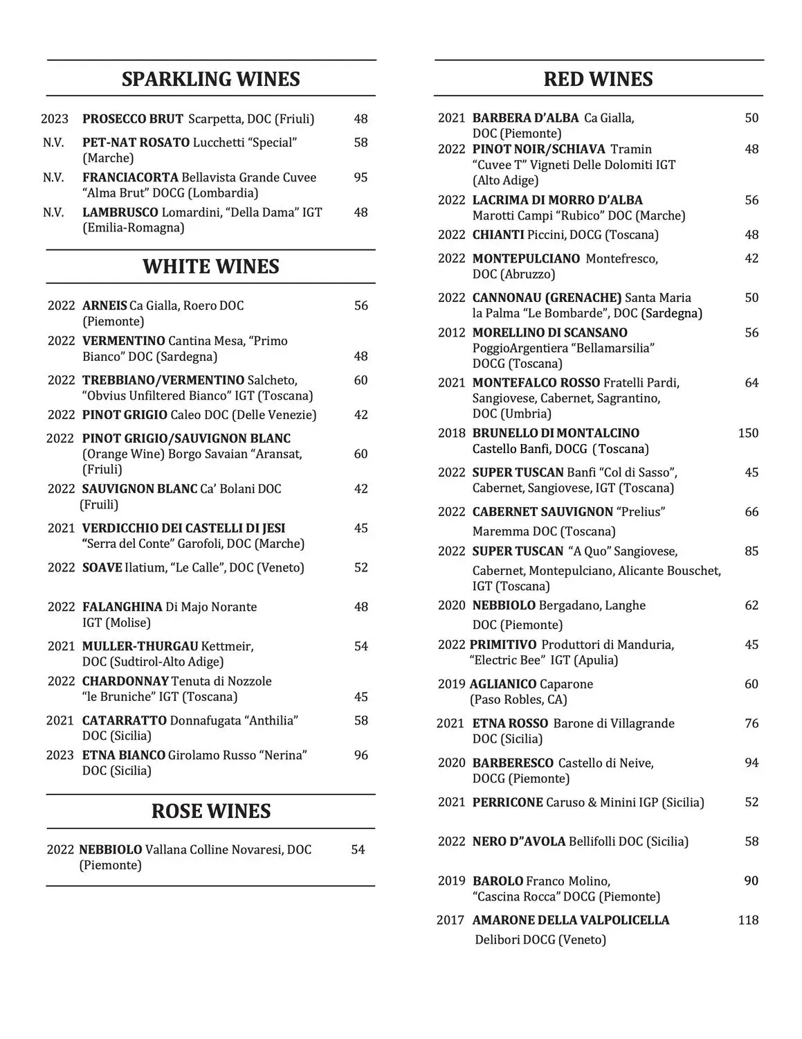 Wine List, FALL 2024