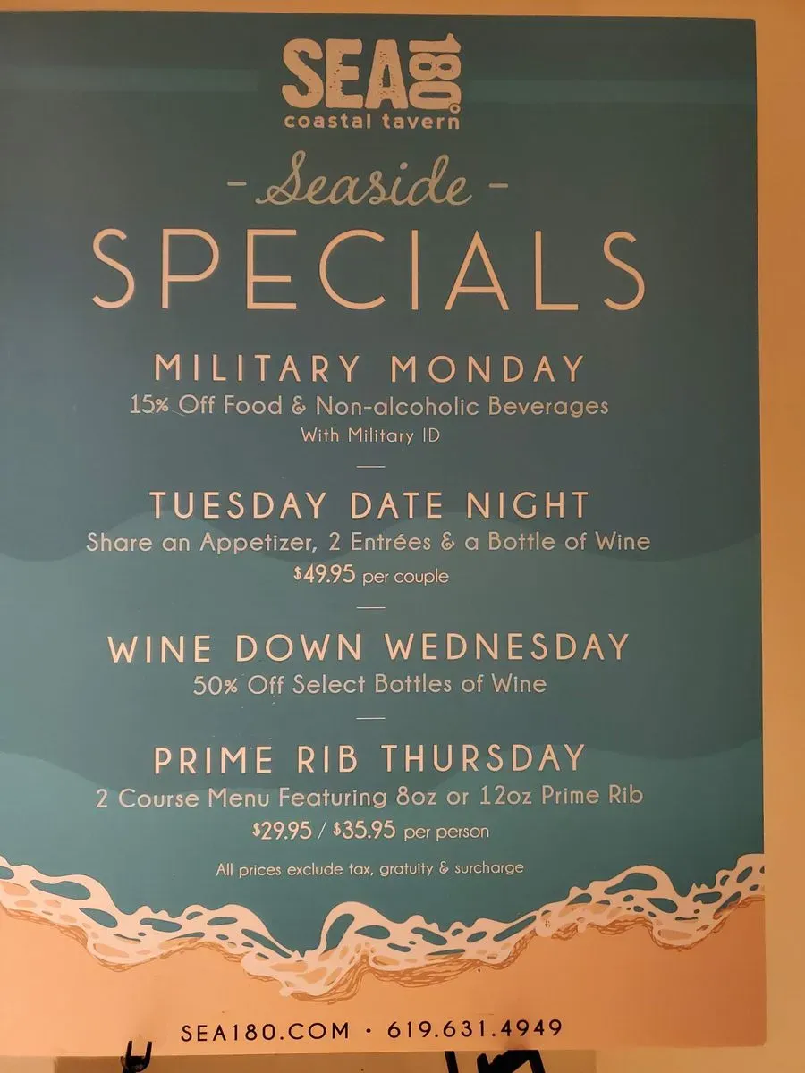 SEA180°'s Weekday Seaside Specials - SEA180 Coastal Tavern