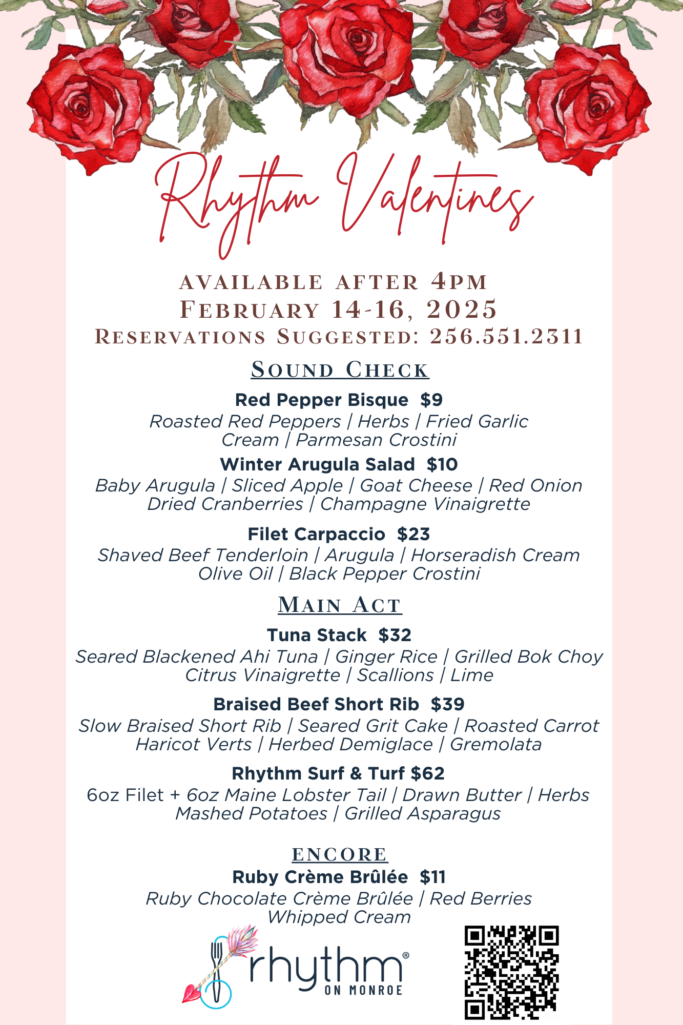 Valentines Menu Available at 4 PM - February, 14th, 15th &16th