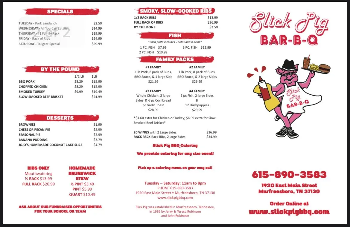 Slick Pig BBQ Menu - Updated November 2025