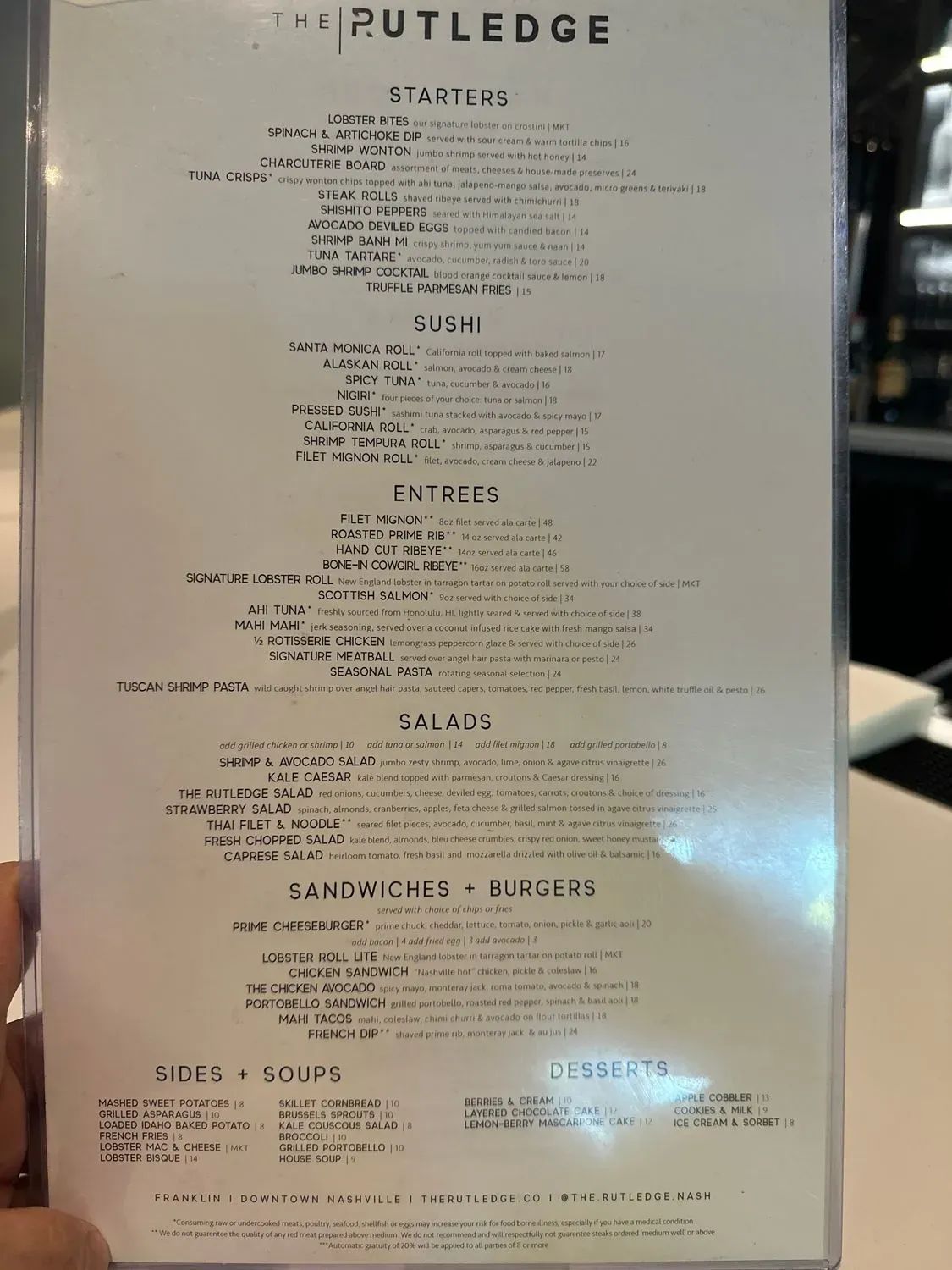 The Rutledge Menu - Updated November 2025