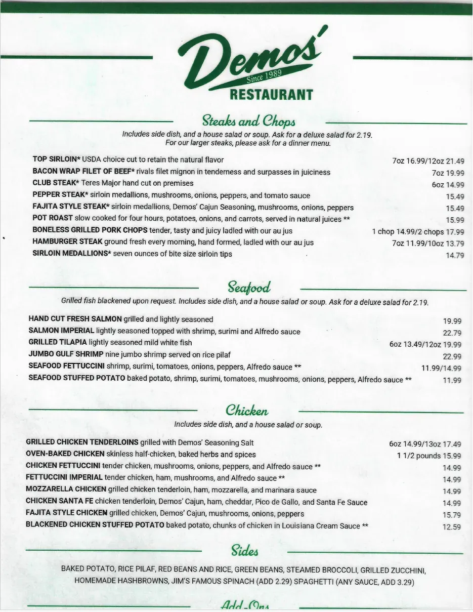 Demos' Restaurant Menu - Updated November 2025