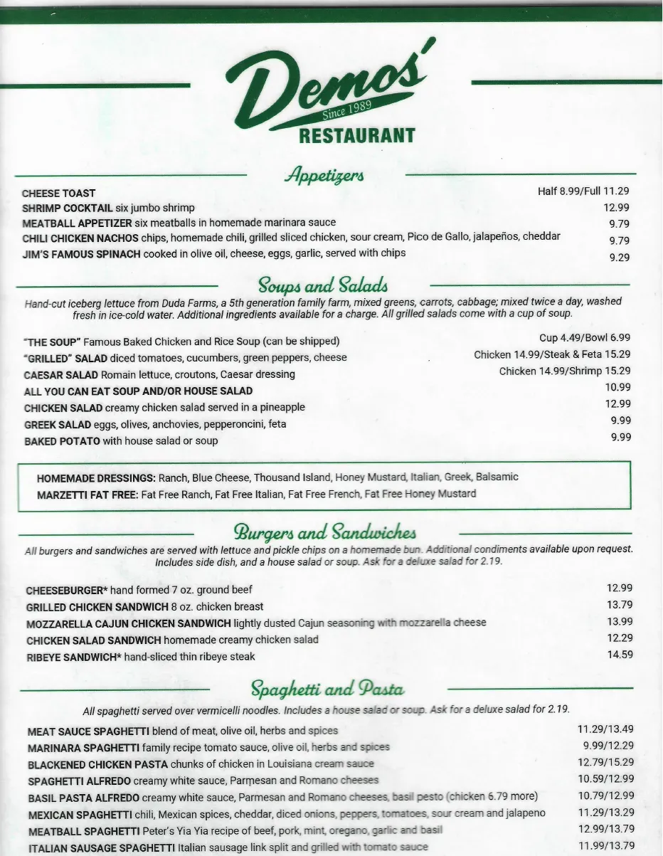 Demos' Restaurant Menu - Updated November 2025