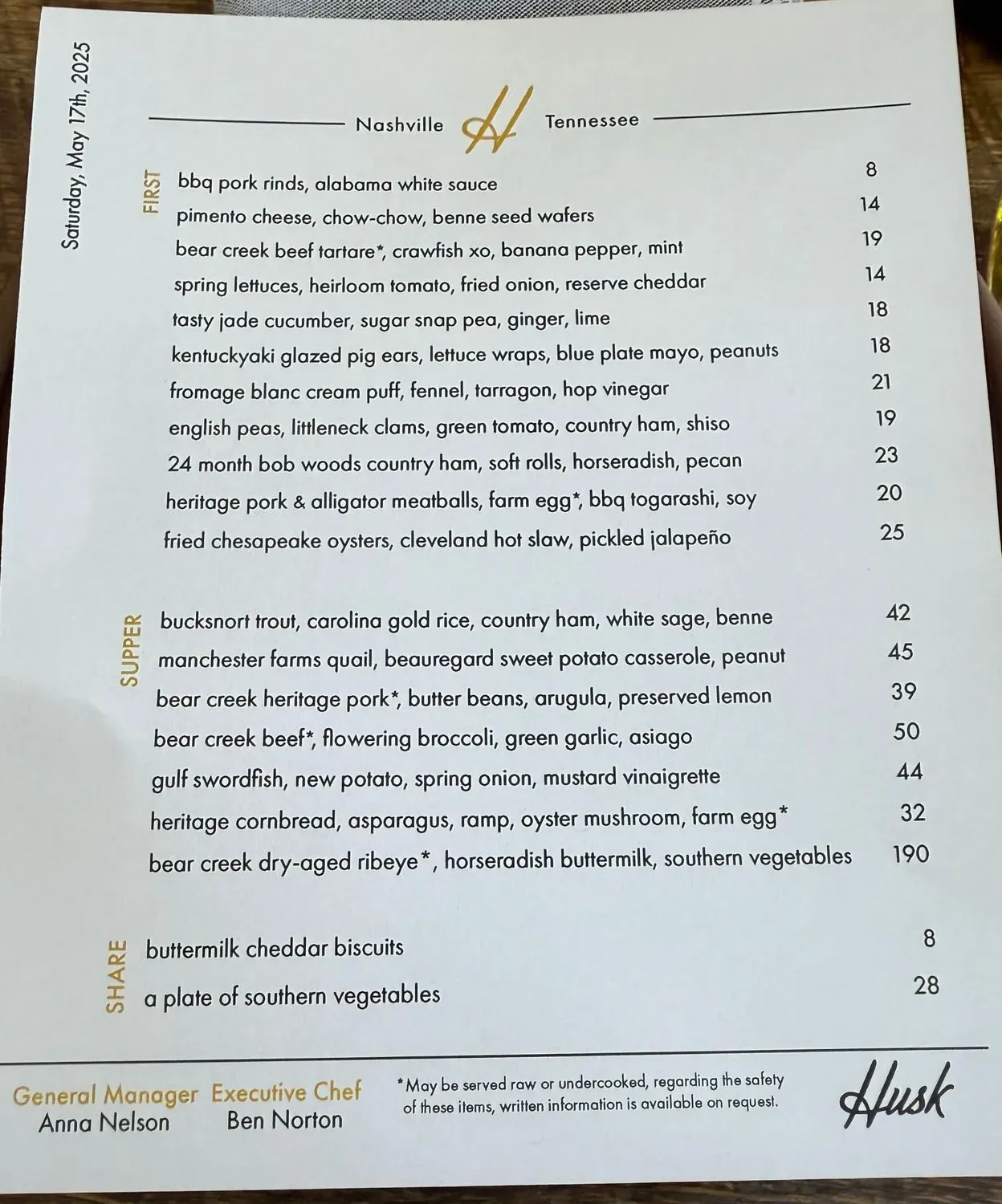 Husk Nashville Menu - Updated November 2025