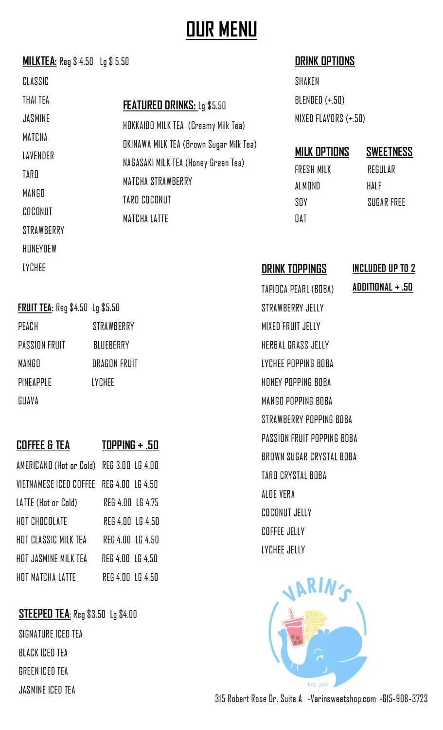 Varin's Sweet Shop Menu - Updated November 2025