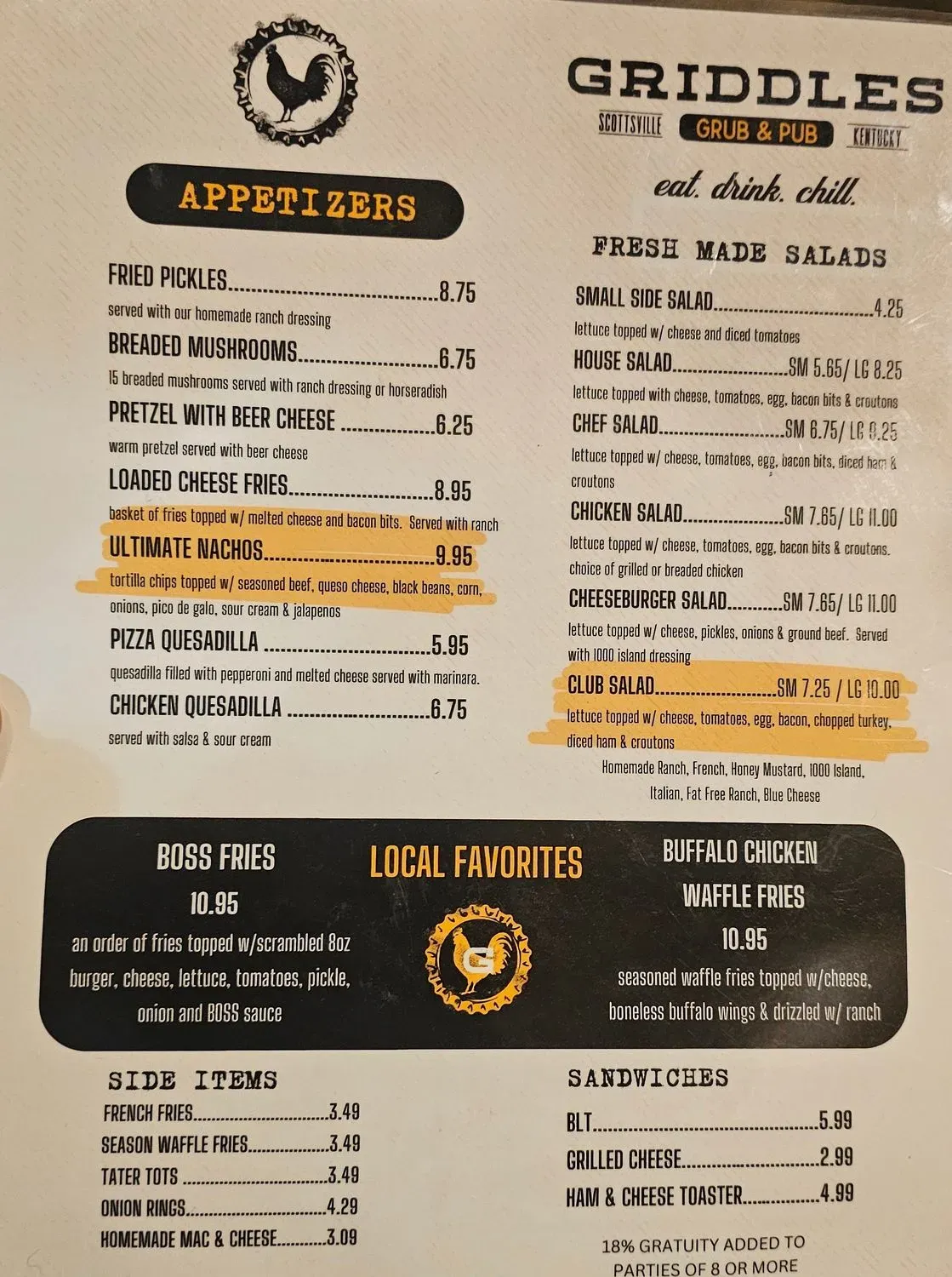 Griddles Grub & Pub Menu - Updated November 2025