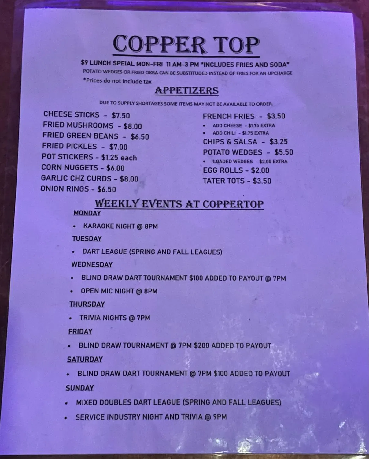 Copper Top Bar & Grill Menu - Updated November 2025