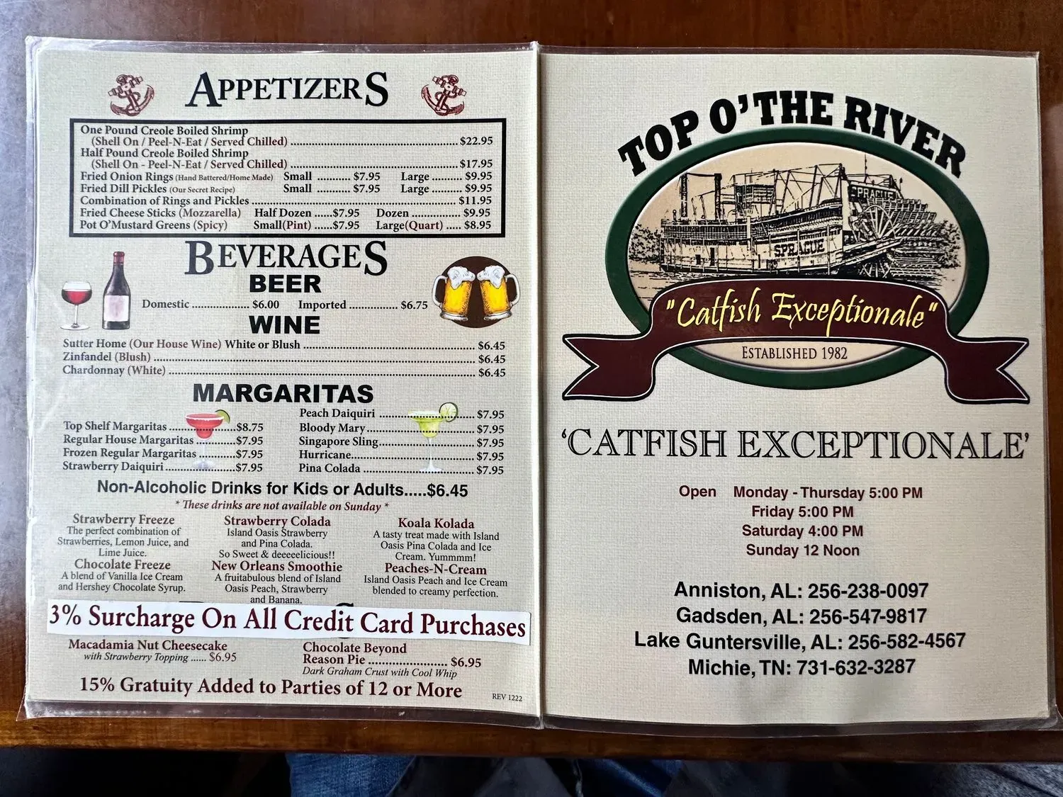 Top O' the River Menu - Updated November 2025