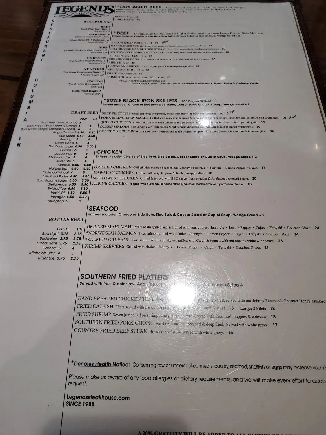 Legends Steakhouse - Columbia Menu - Updated November 2025