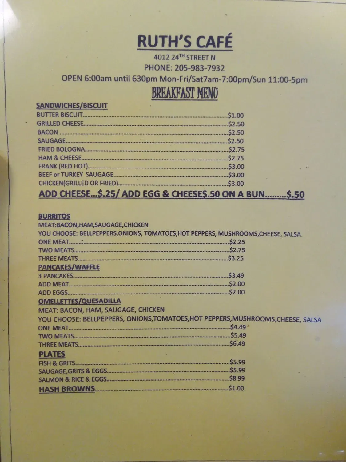 Ruth's Cafe Menu - Updated November 2025