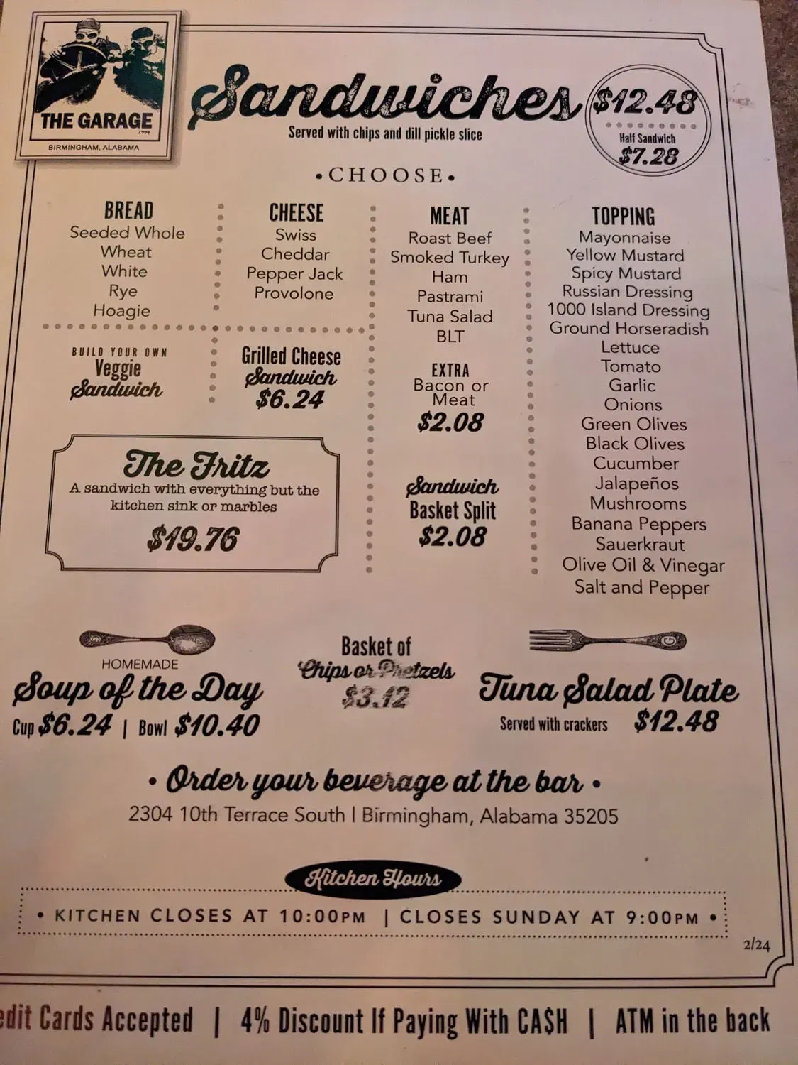 The Garage Menu - Updated November 2025