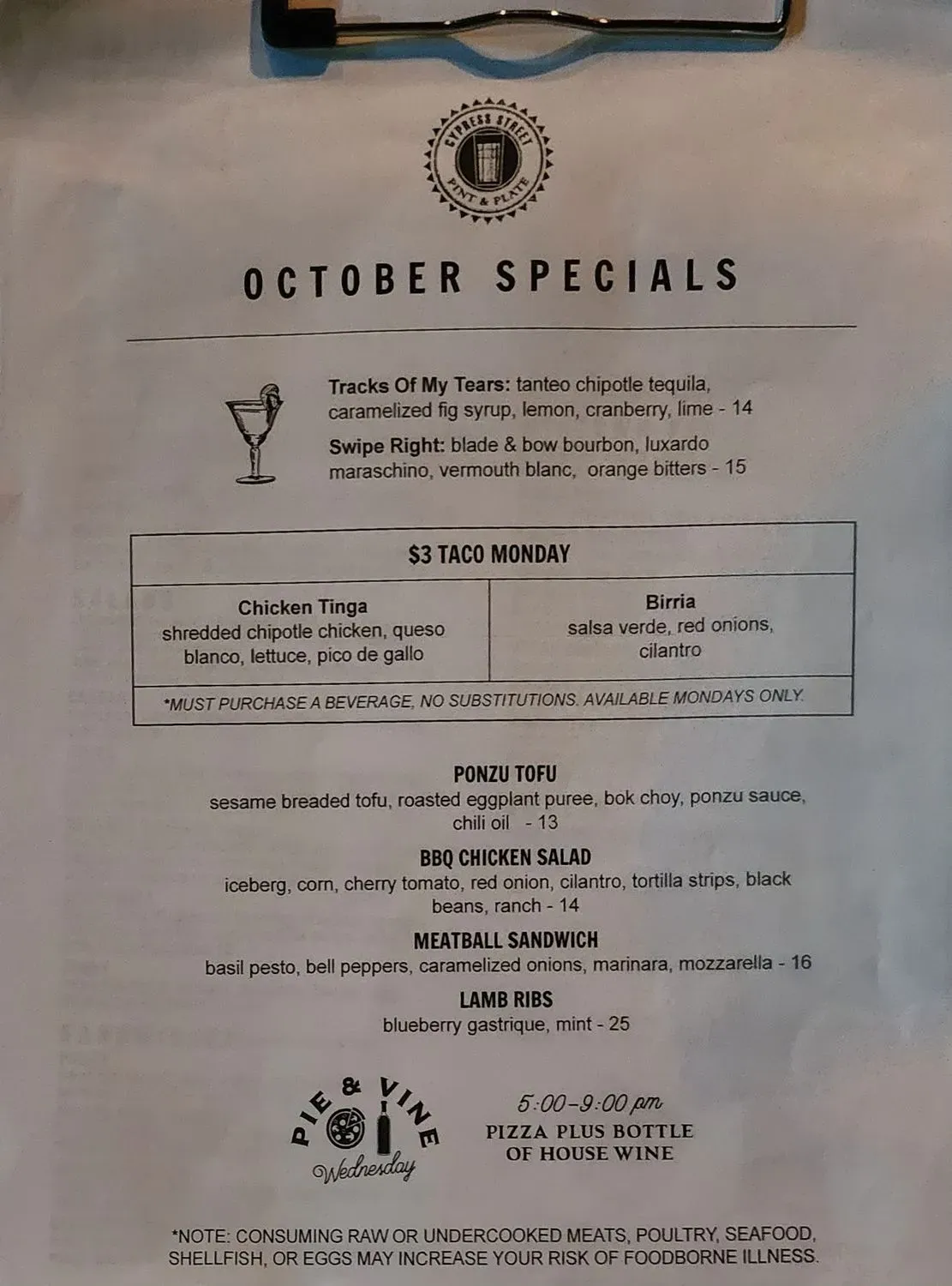 Cypress Street Pint & Plate Menu - Updated November 2025