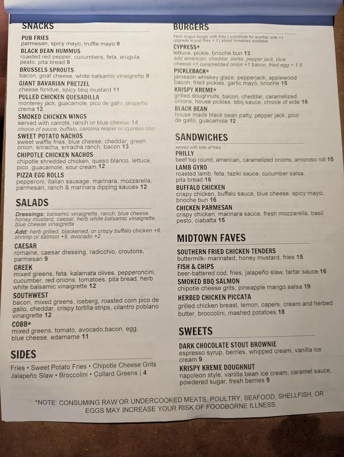 Cypress Street Pint & Plate Menu - Updated November 2025