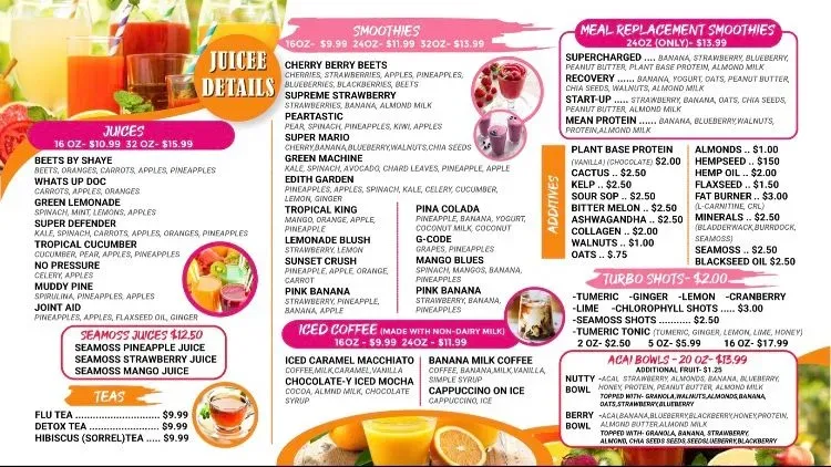 The Juicee Details Juice Bar Menu - Updated November 2025