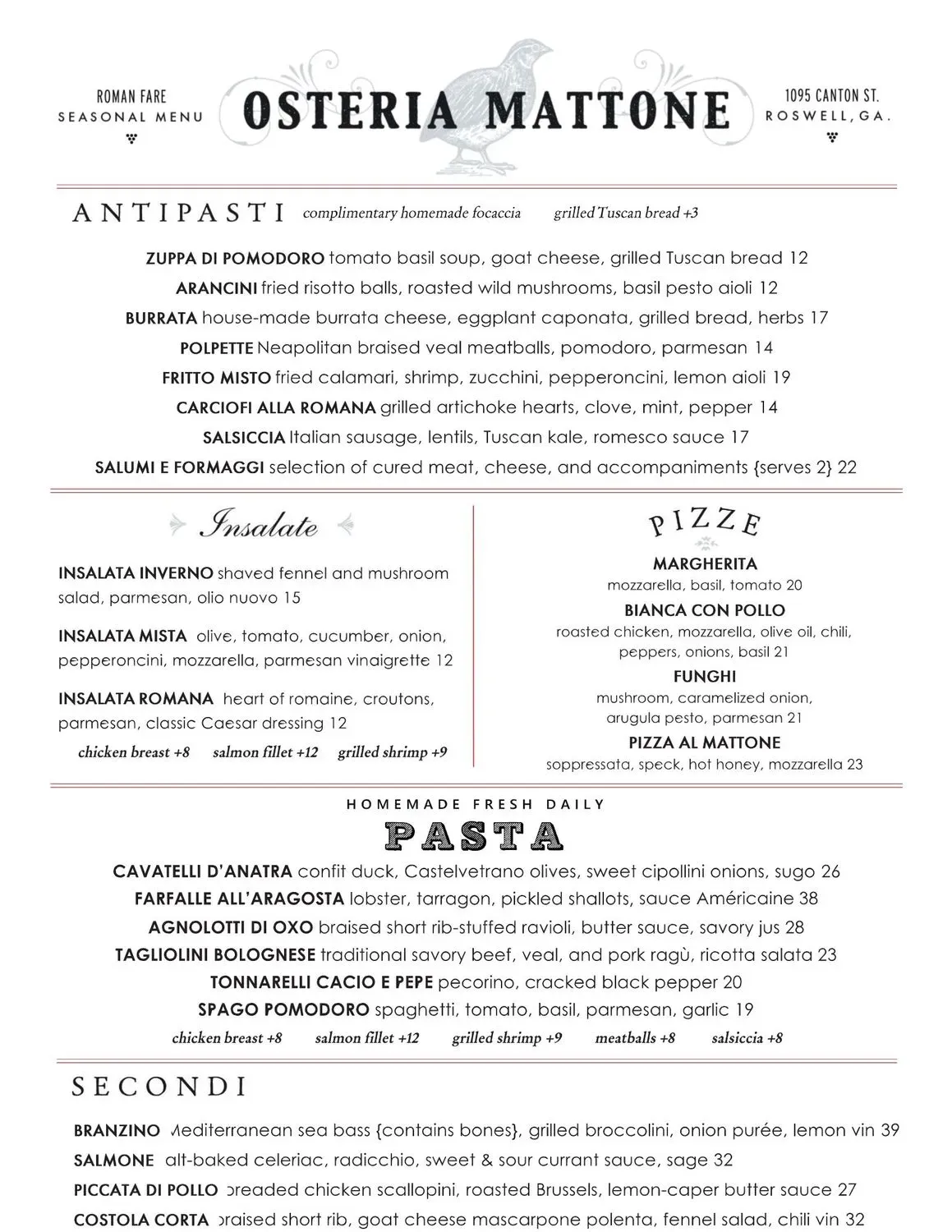 Osteria Mattone Menu - Updated November 2025