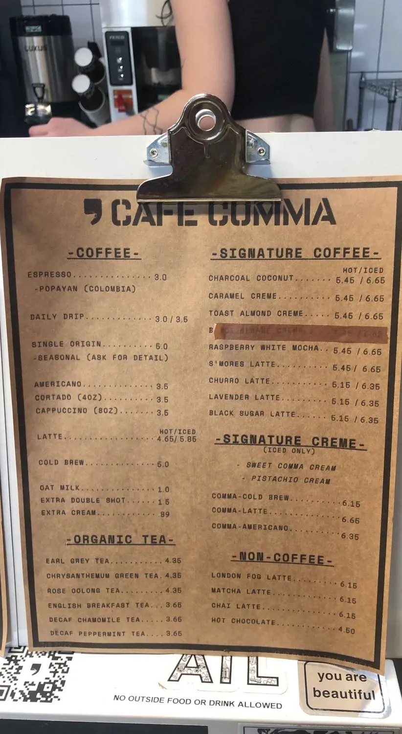 Cafe Comma Menu - Updated November 2025