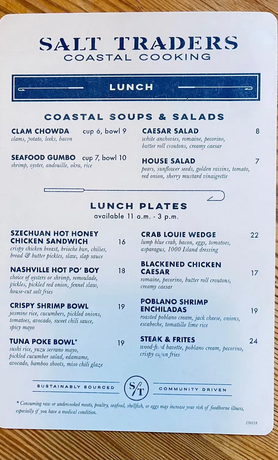 Salt Traders Coastal Cooking Menu - Updated November 2025