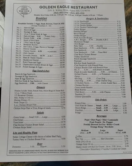 Golden Eagle Restaurant Menu | Signal Hill, CA | Checkle