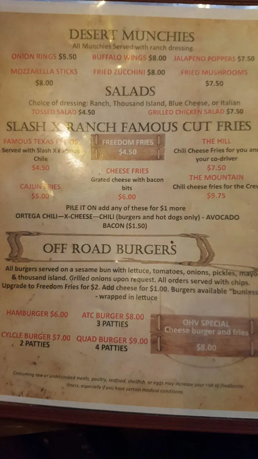Slash X Ranch Cafe Menu - Updated November 2025