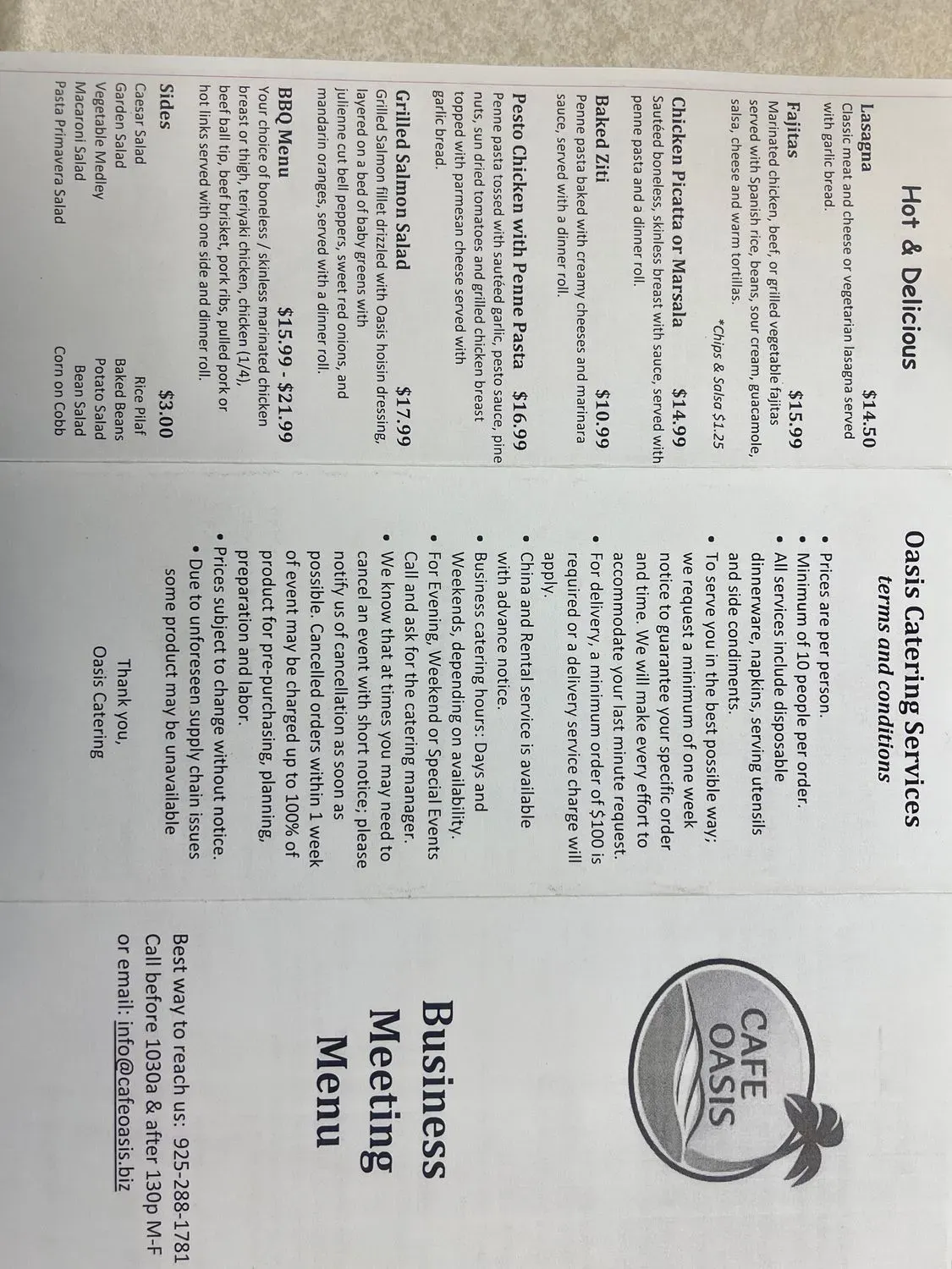 Cafe Oasis Menu - Updated November 2025