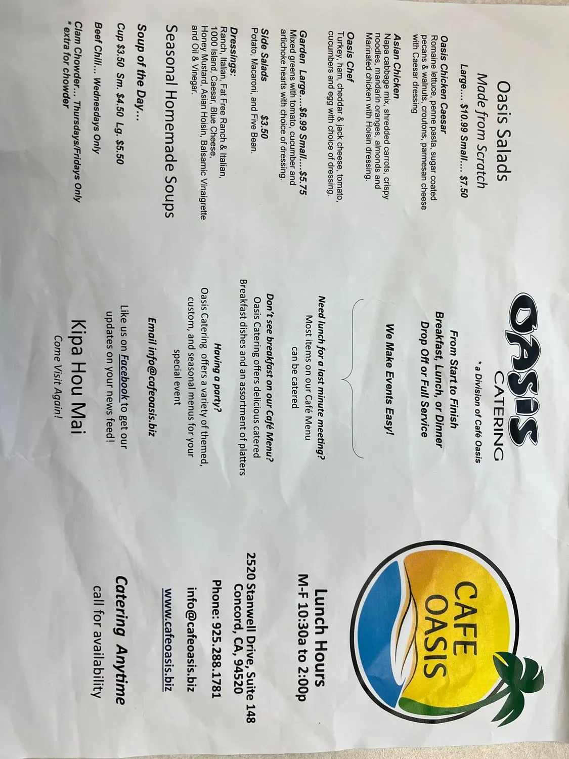 Cafe Oasis Menu - Updated November 2025