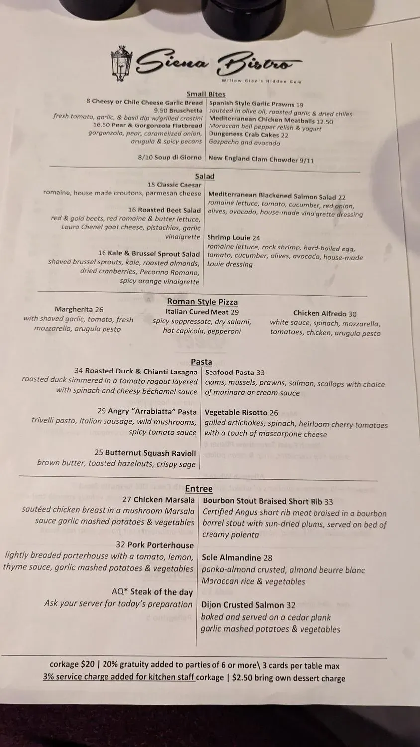 Siena Bistro Menu - Updated November 2025