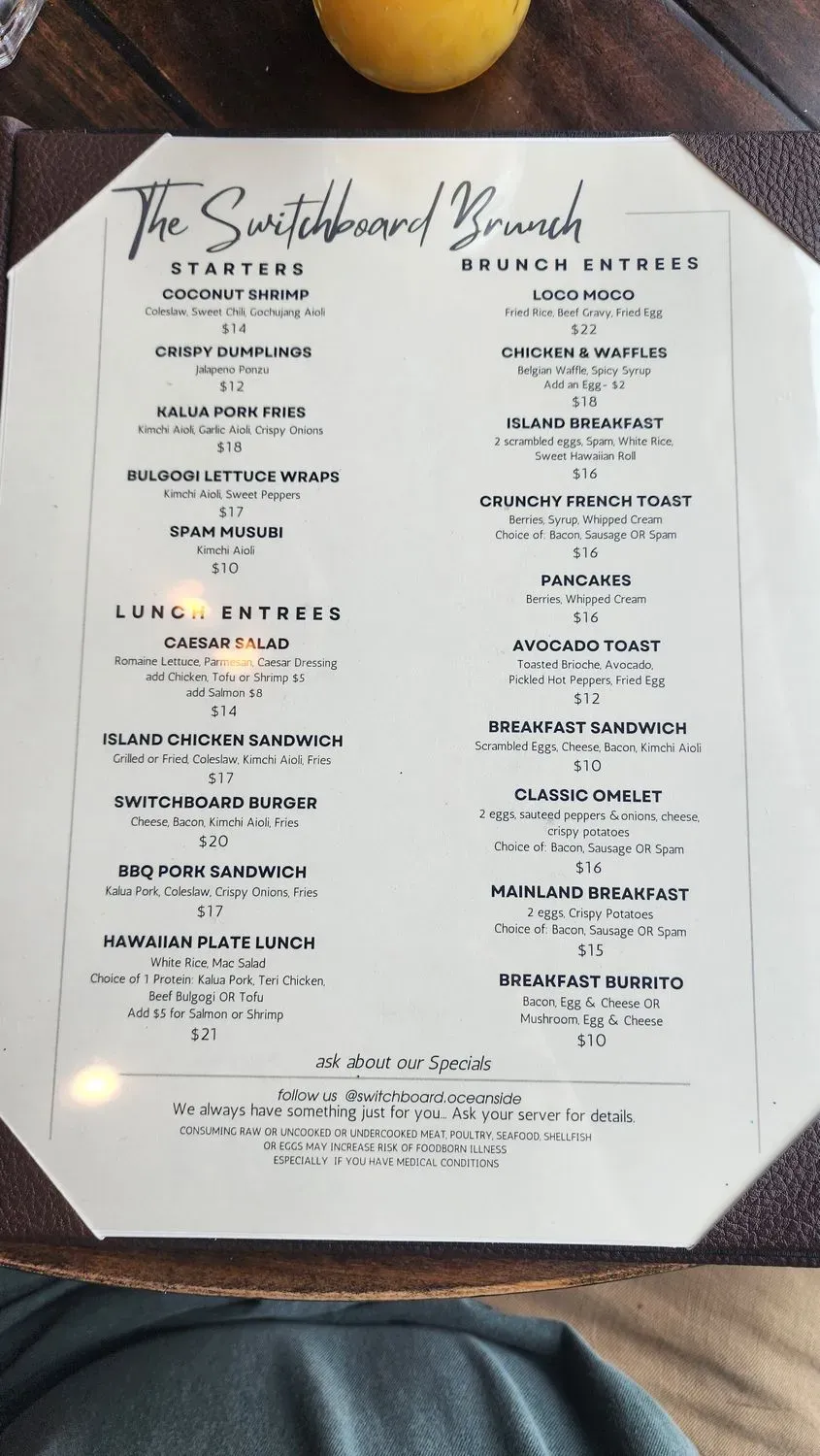 The Switchboard Restaurant & Bar Menu - Updated November 2025