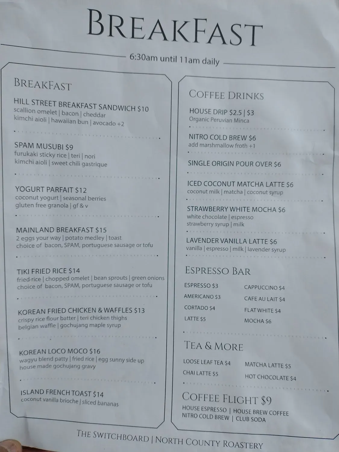 The Switchboard Restaurant & Bar Menu - Updated November 2025