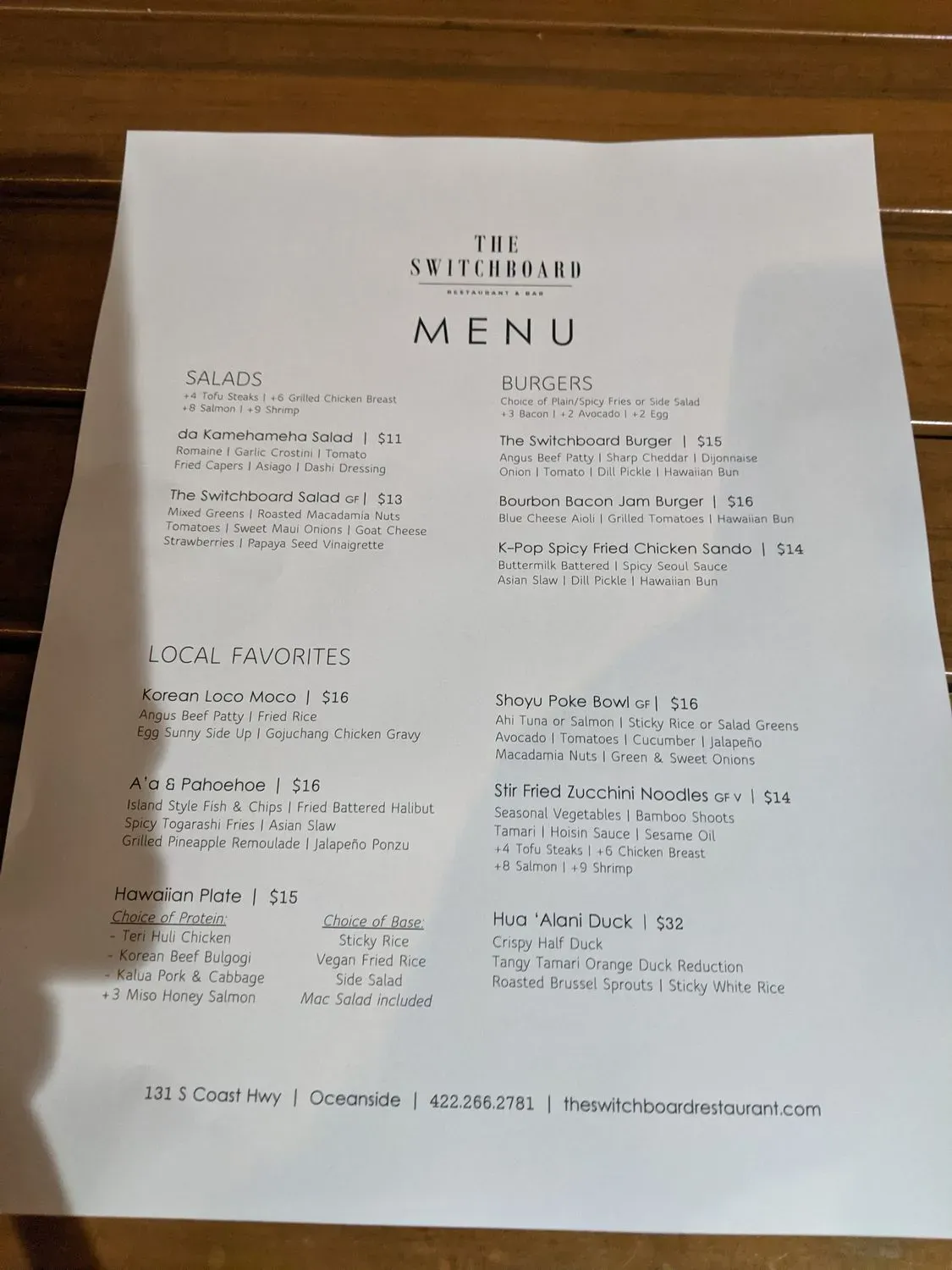 The Switchboard Restaurant & Bar Menu - Updated November 2025