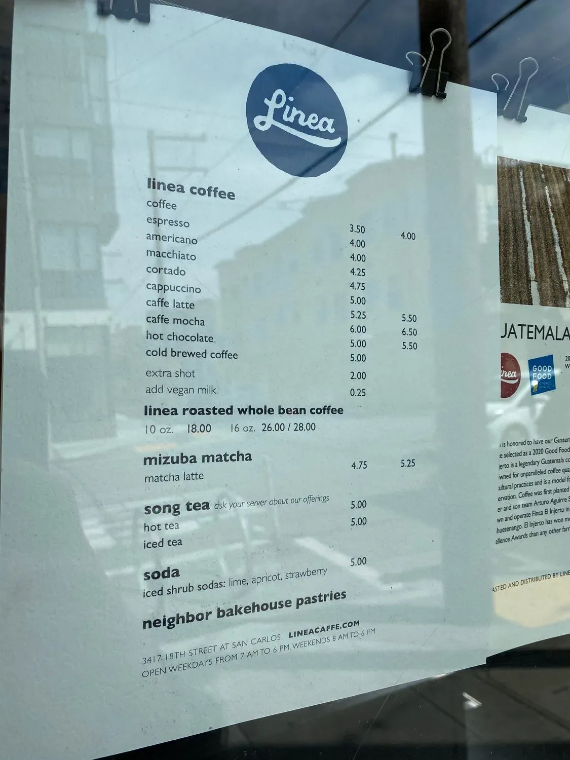 Linea Caffe Menu - Updated November 2025