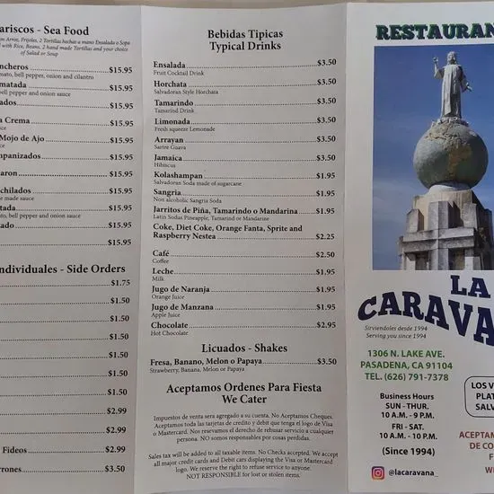 La Caravana Salvadorian Restaurant Menu Pasadena CA Checkle