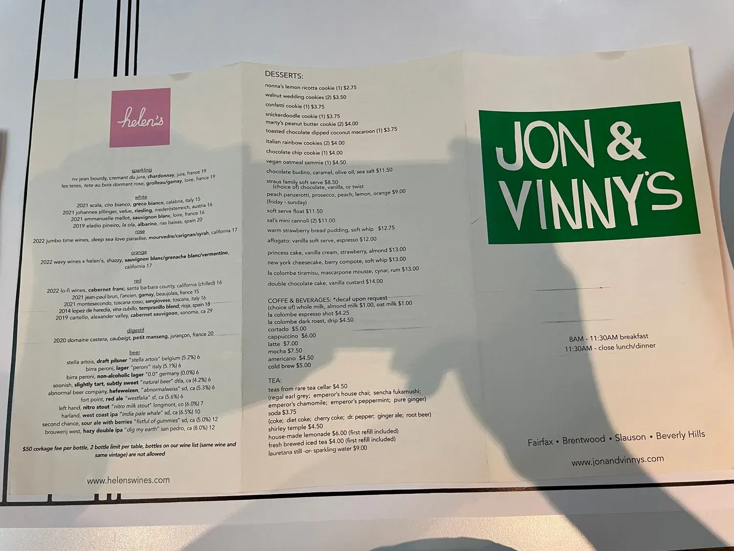 Jon & Vinny's Brentwood Menu - Updated November 2025