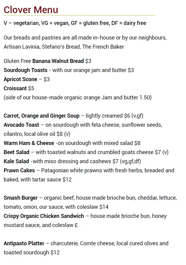 Clover Cafe Menu - Updated November 2025