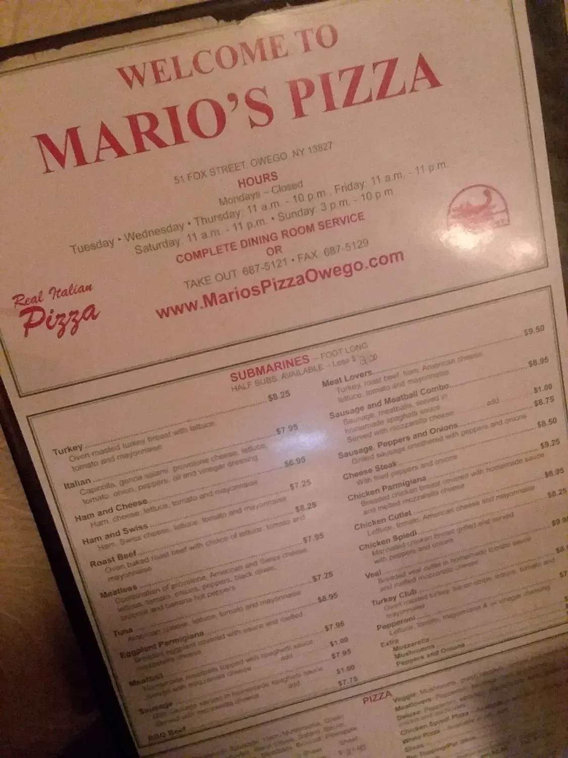 Mario's Pizza Menu - Updated November 2025
