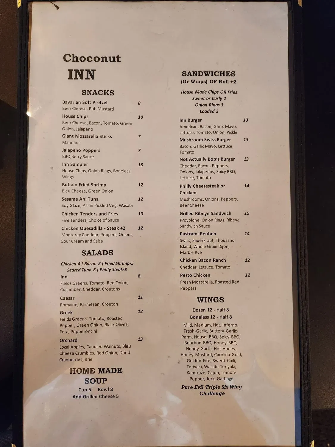 Choconut Inn Menu - Updated November 2025