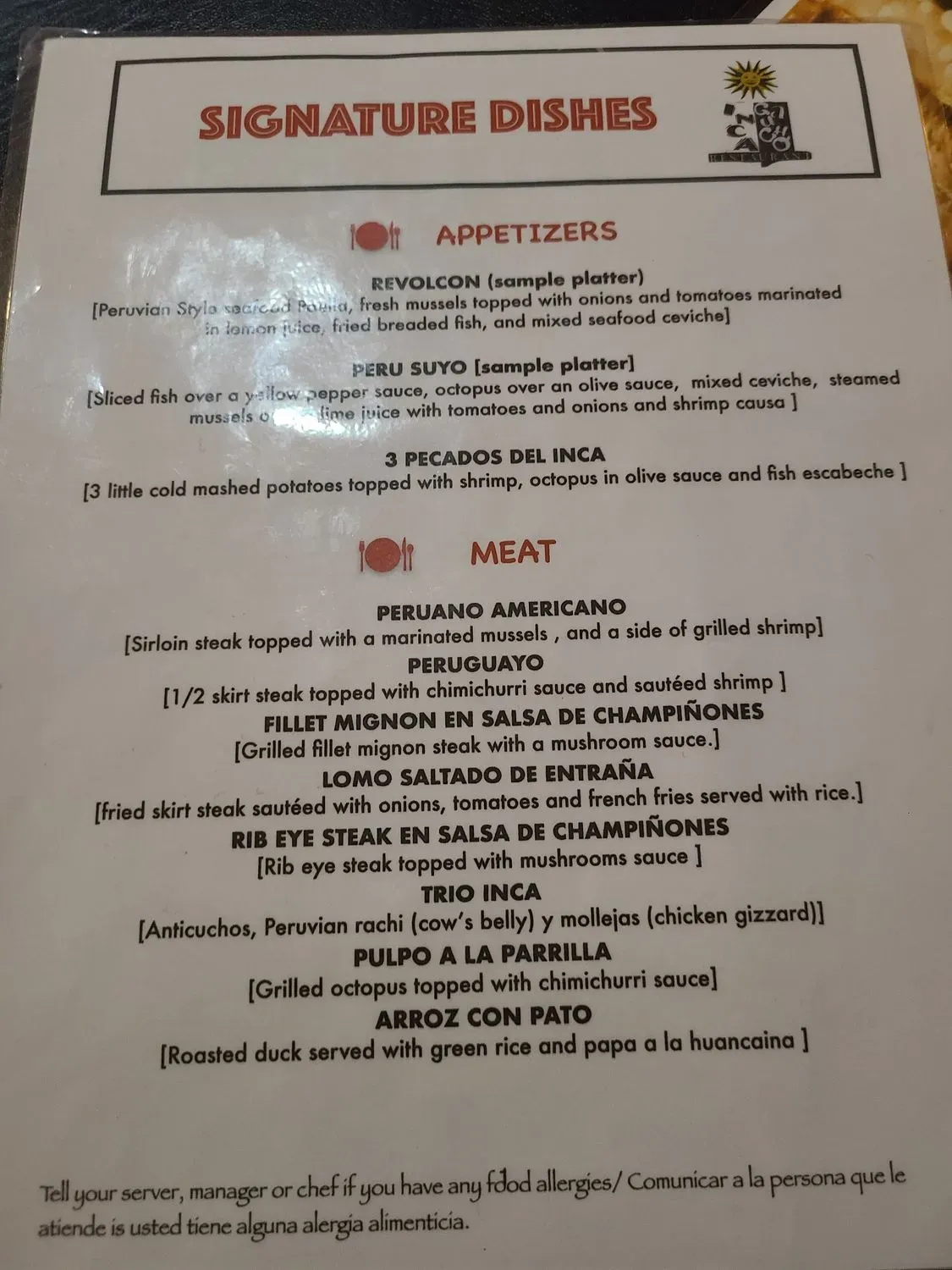 Inca & Gaucho Menu - Updated November 2025
