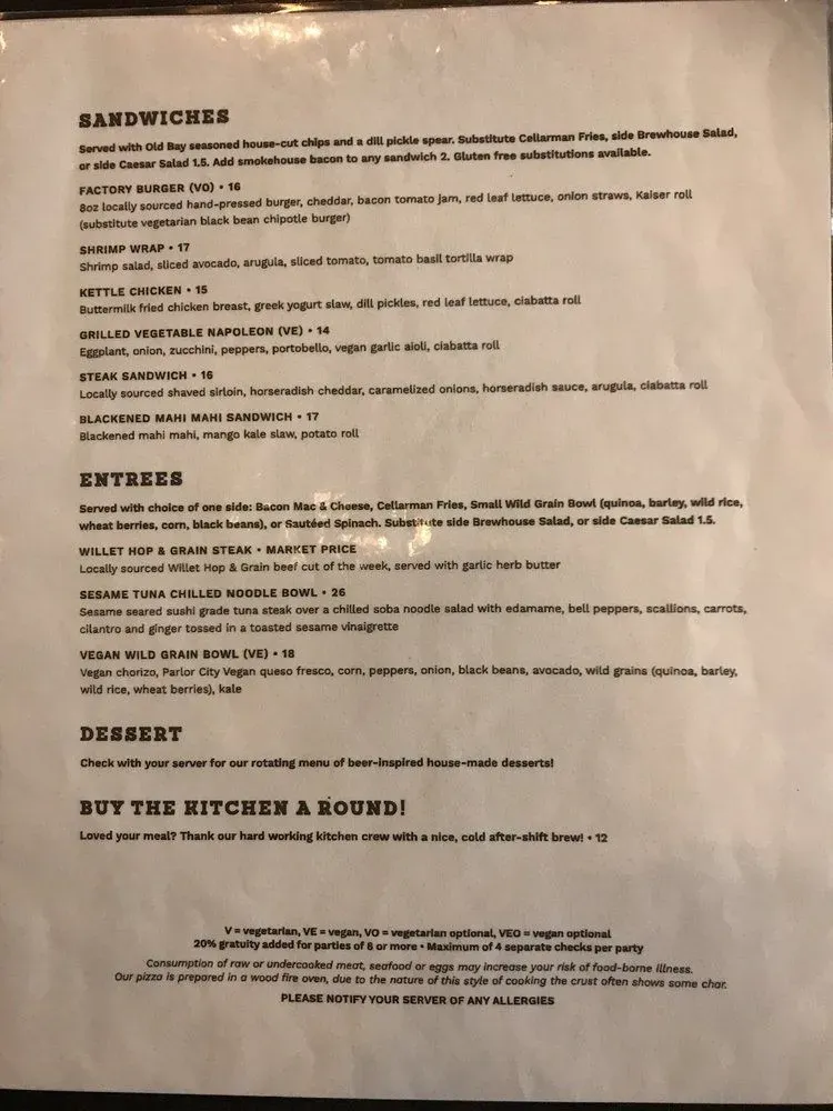 Factory by Beer Tree Brew Menu - Updated November 2025