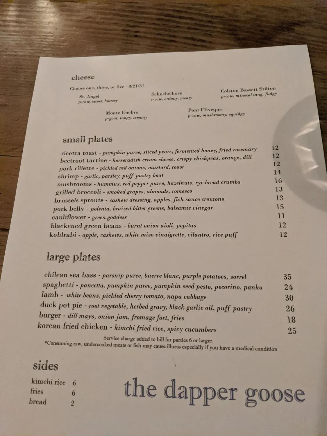 The Dapper Goose Menu - Updated November 2025