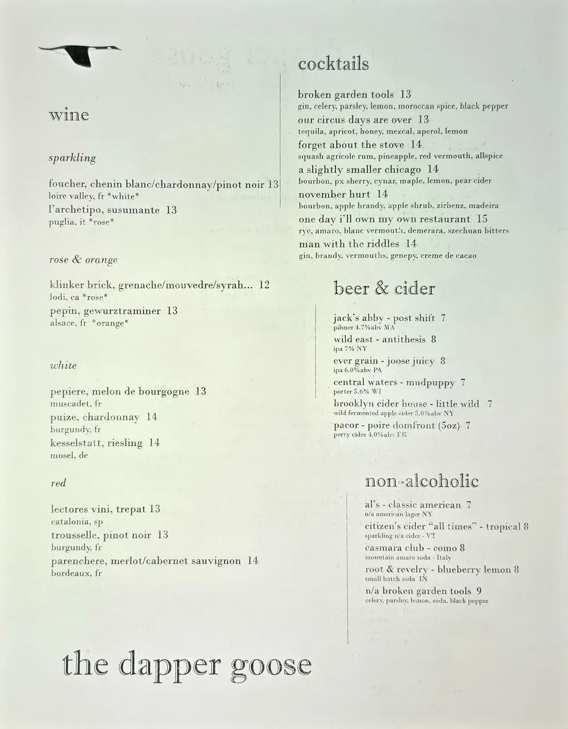 The Dapper Goose Menu - Updated November 2025