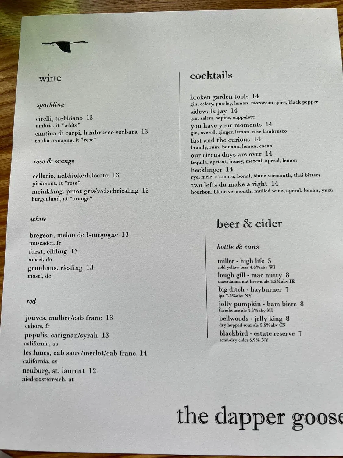 The Dapper Goose Menu - Updated November 2025