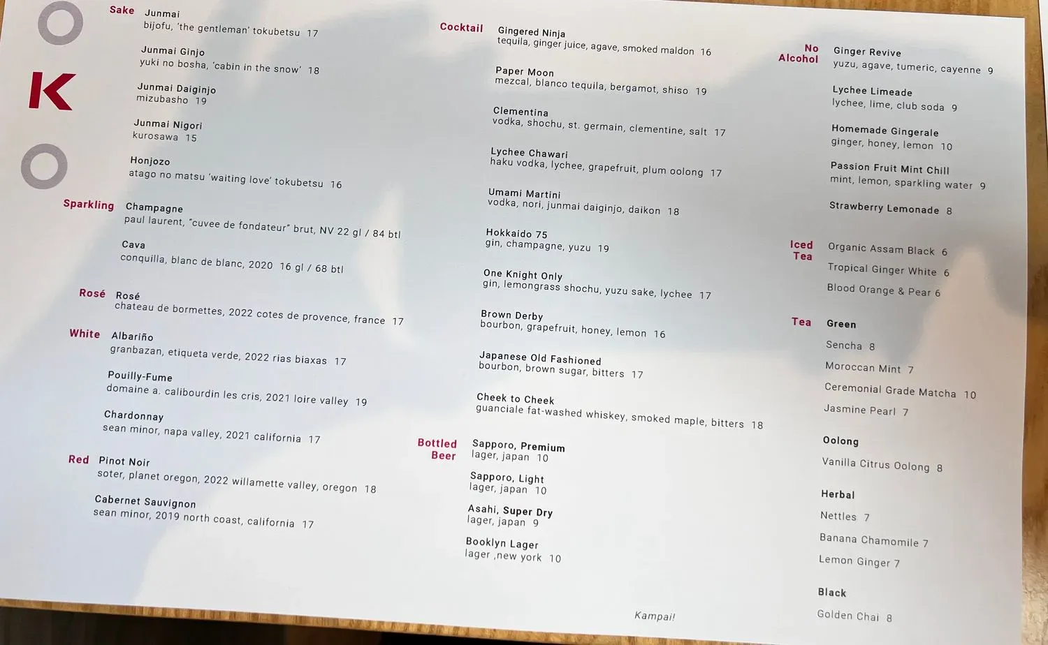 Oko Rye Menu - Updated November 2025
