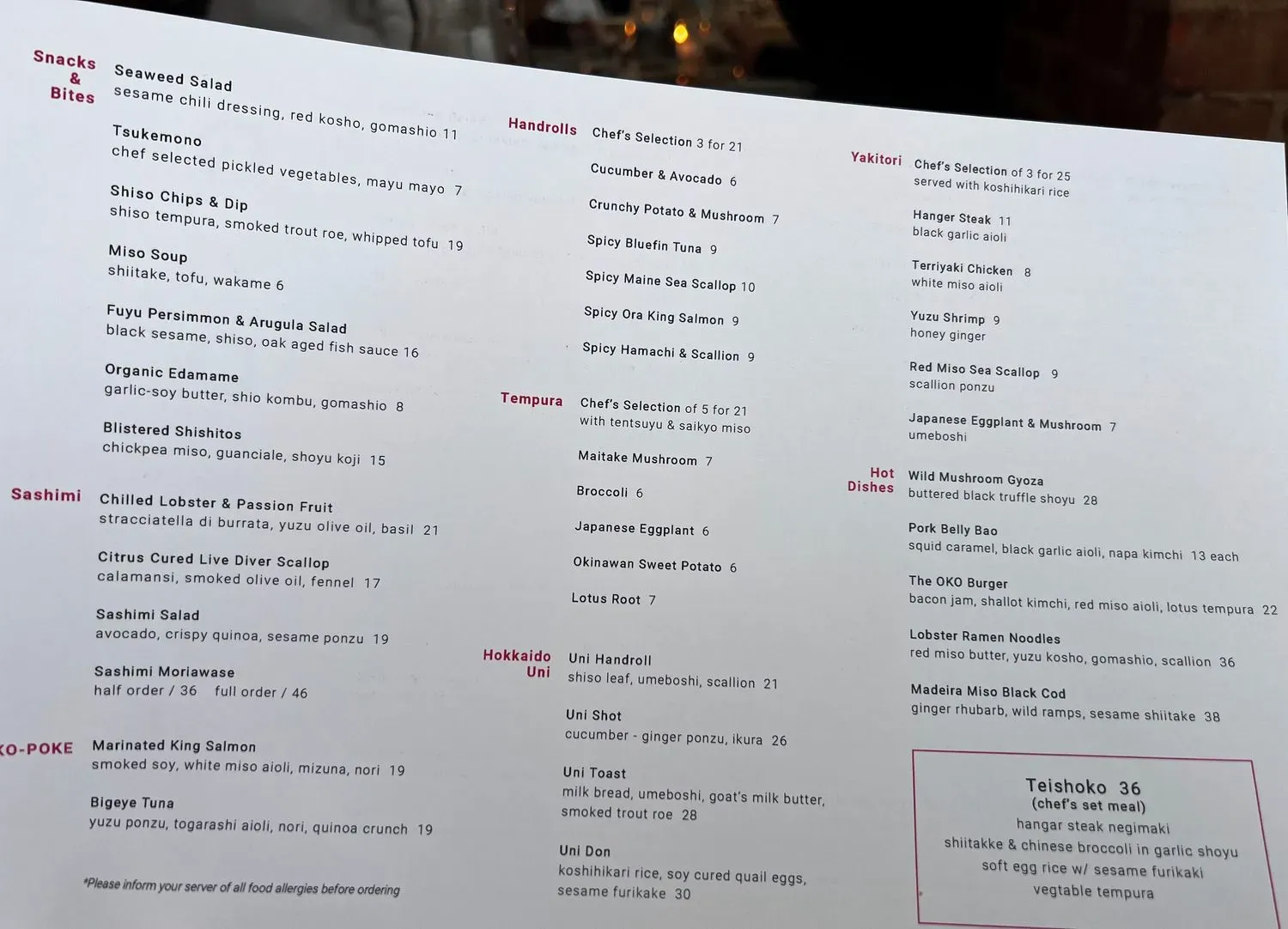 Oko Rye Menu - Updated November 2025