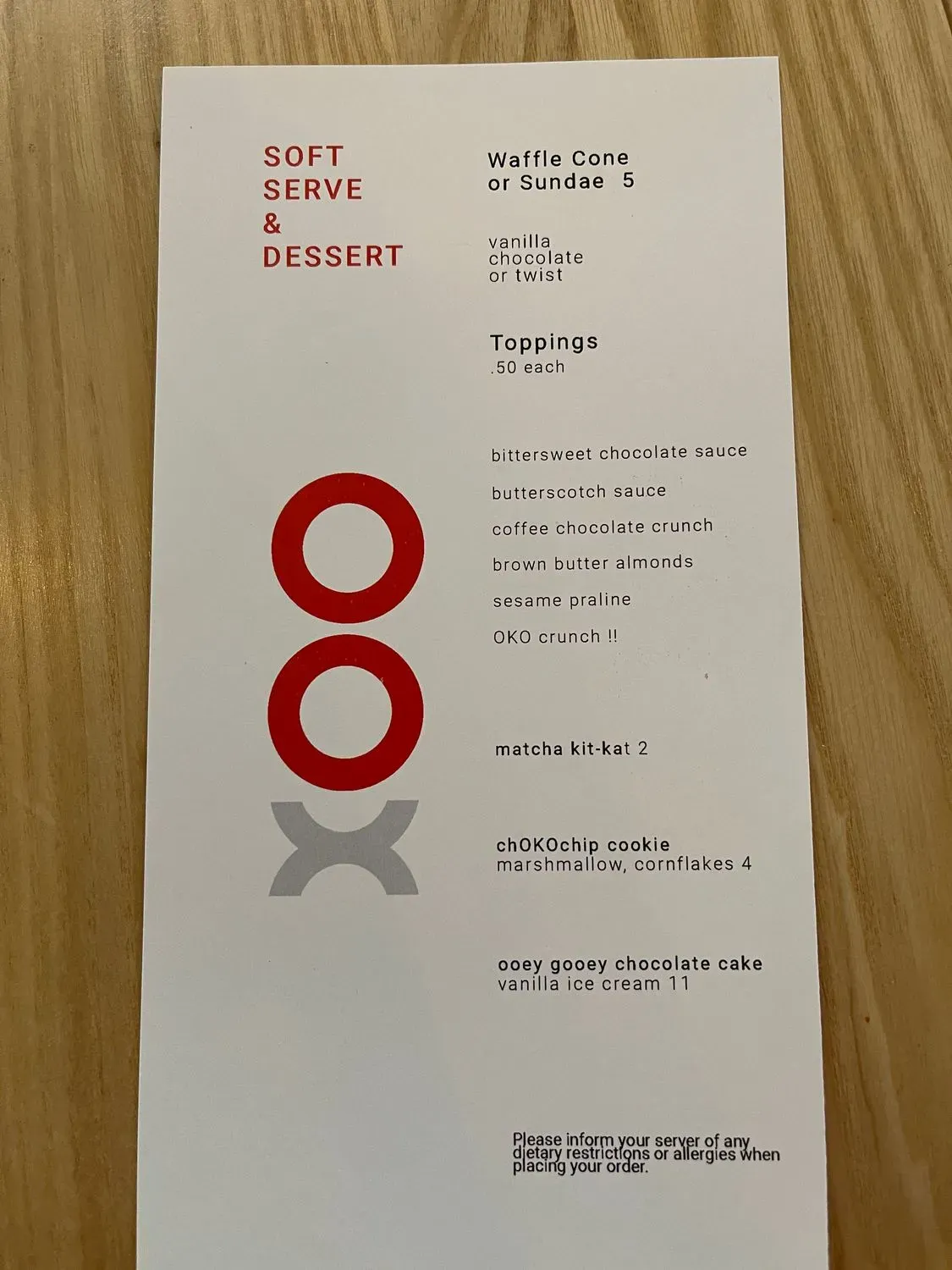 Oko Rye Menu - Updated November 2025