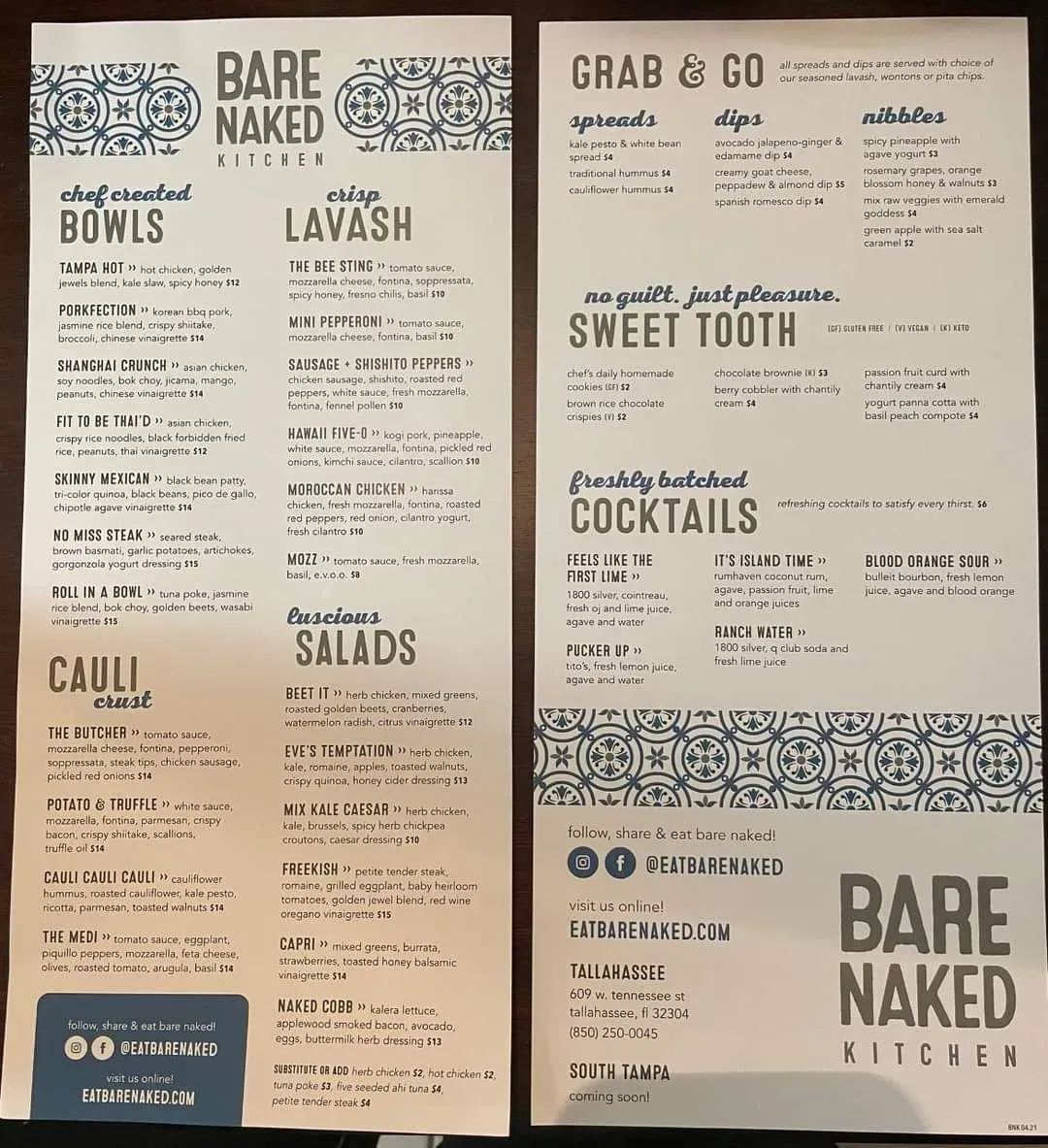 Bare Naked Kitchen Menu | Tallahassee, FL | Checkle