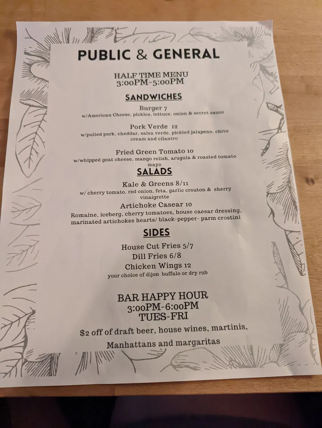 Public & General Restaurant Menu - Updated November 2025
