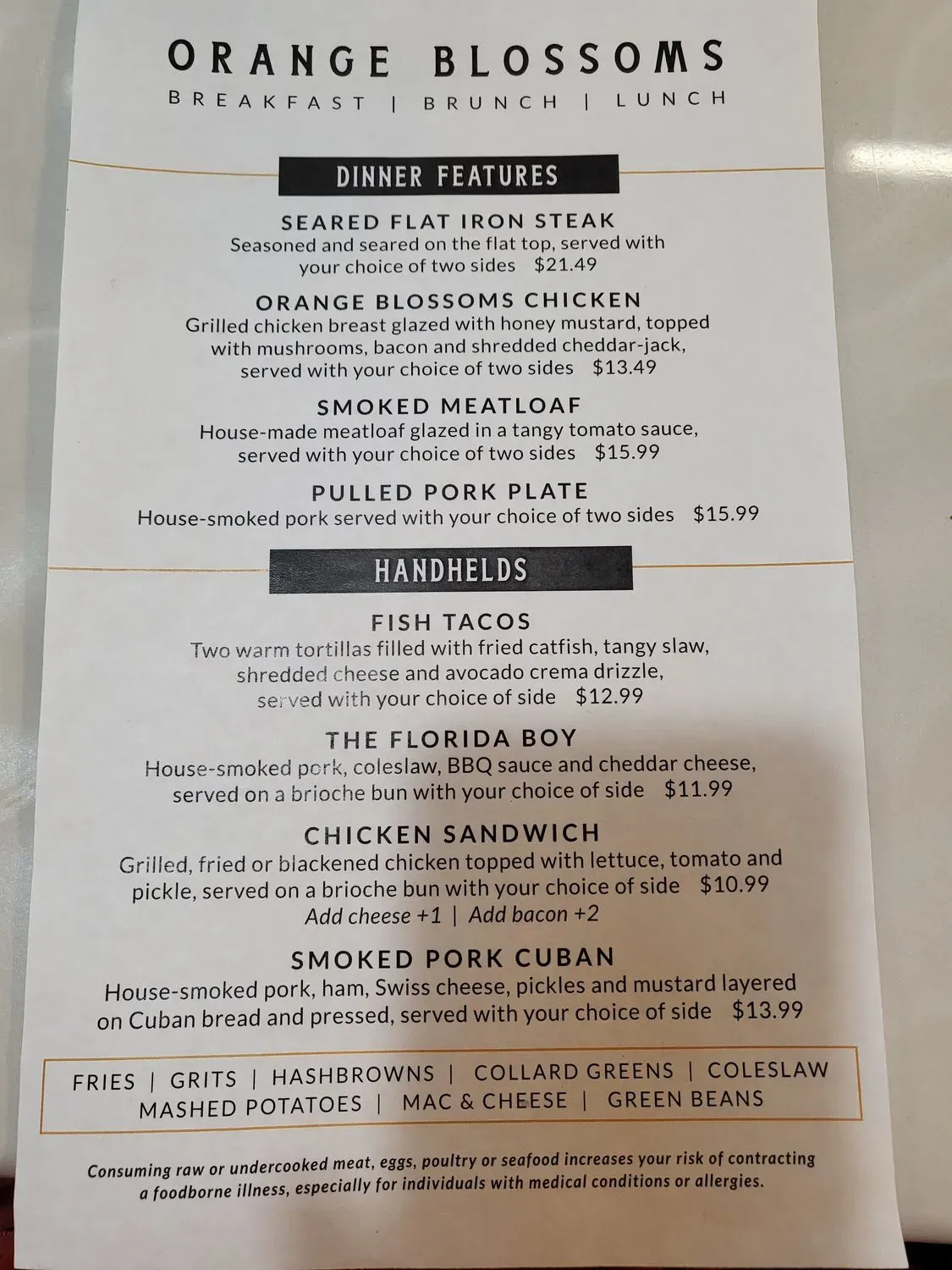 Orange Blossoms - Keystone Heights Menu - Updated November 2025