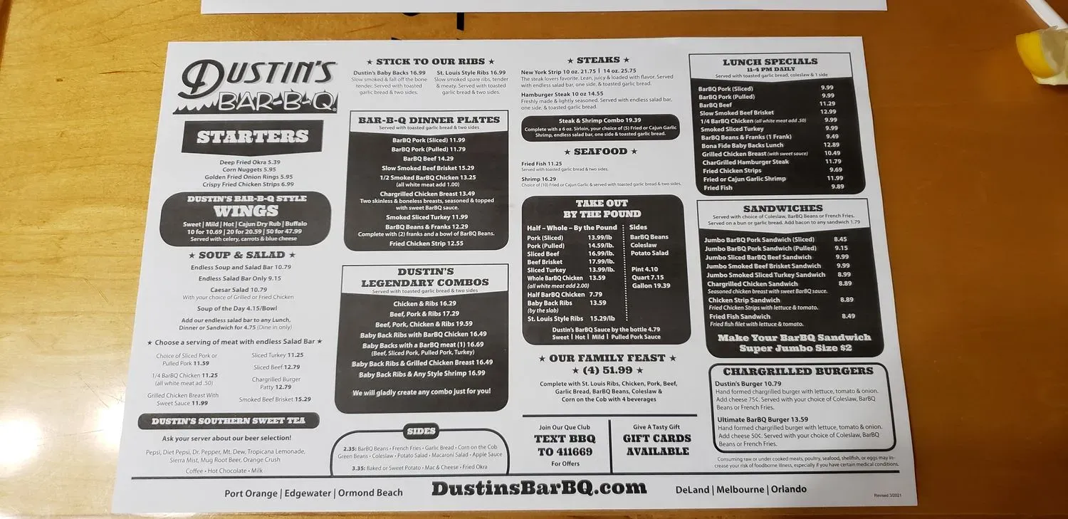 DUSTIN'S Bar-B-Q Menu - Updated November 2025