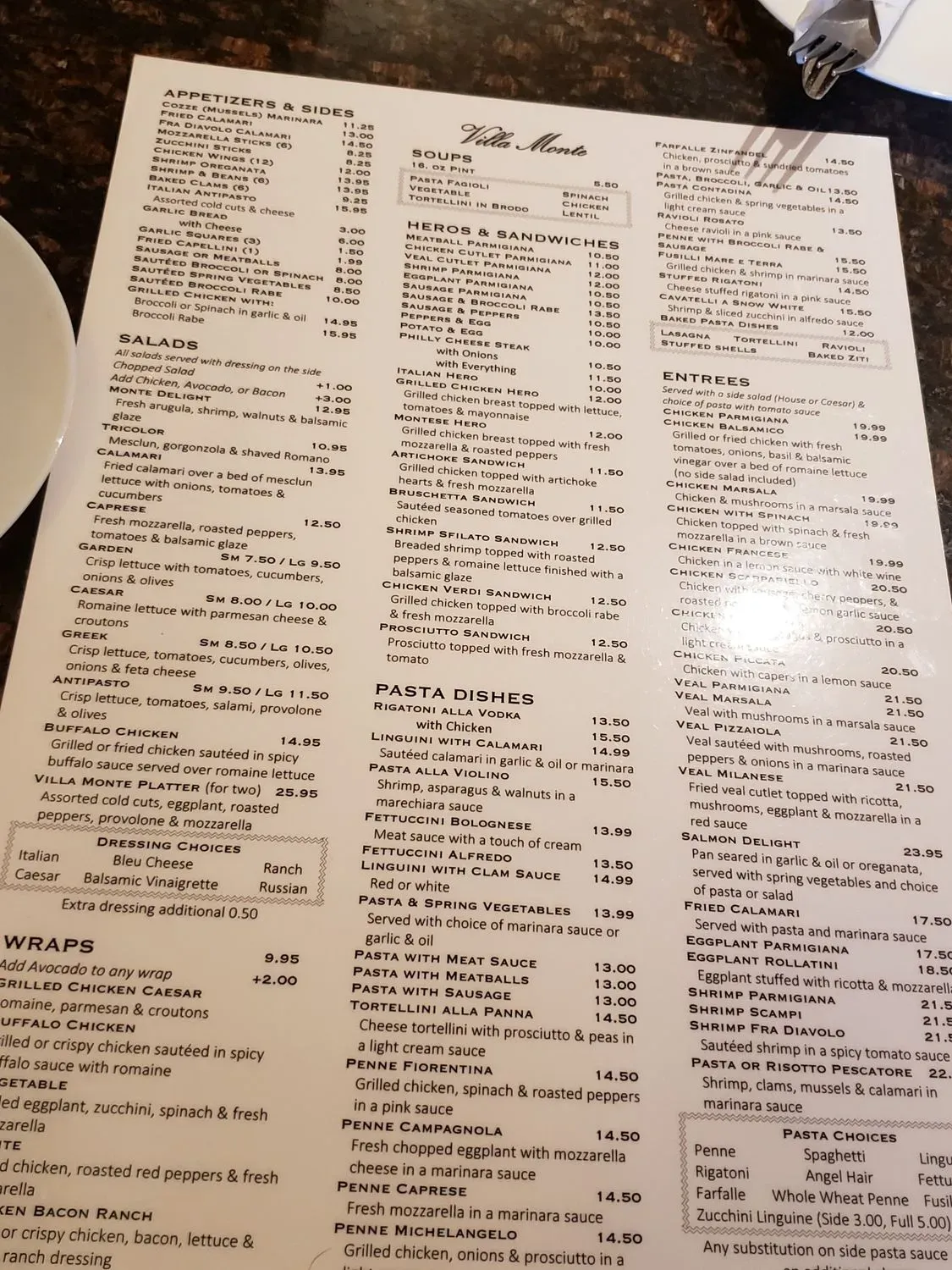 Villa Monte Menu - Updated November 2025